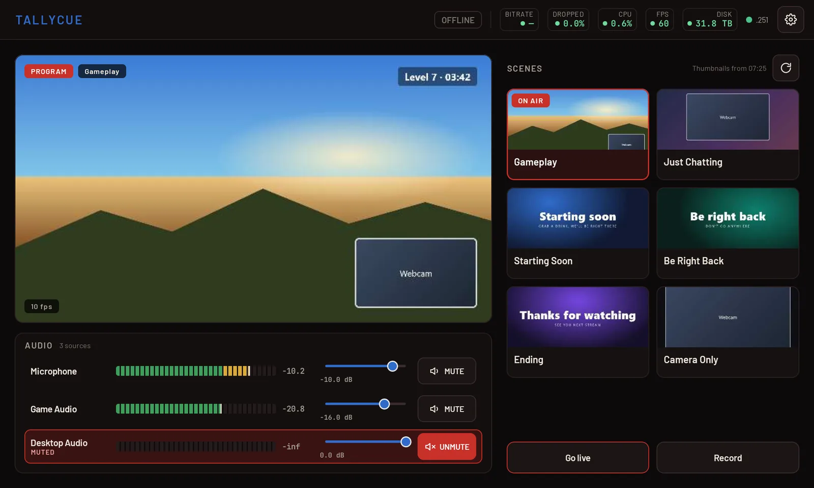 TallyCue dashboard: live program preview, audio meters with mute buttons, and scene tiles with Gameplay on air