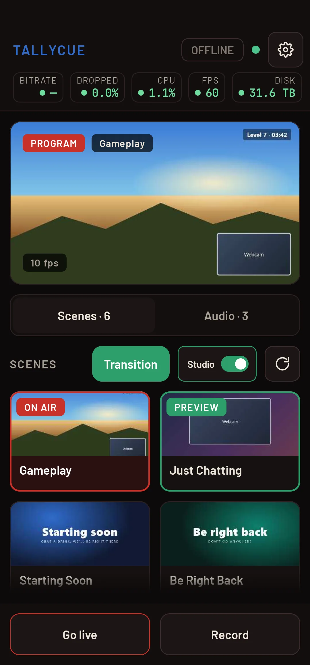 Phone in studio mode with Just Chatting marked PREVIEW, Gameplay on air and a green Transition button